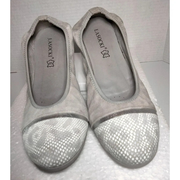 LASOCKI Shoes Flats Size 8 Gray with Silver Trim with Animal Print Round Toe - Picture 1 of 16